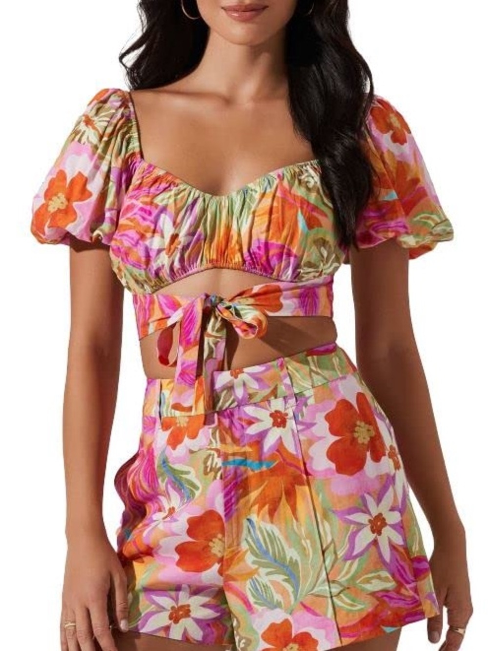 Astr Floral Tie-Front Crop Top in Pink, Orange & Green